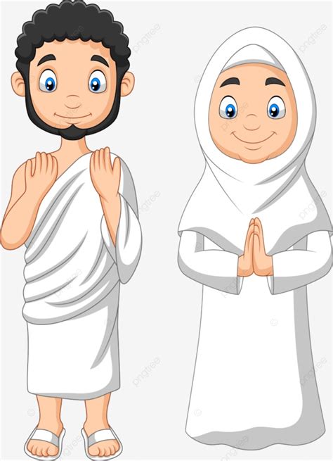 Gambar Lelaki Dan Perempuan Muslim Kartun Memakai Pakaian Ihram Orang Arab Keluarga Muda Png