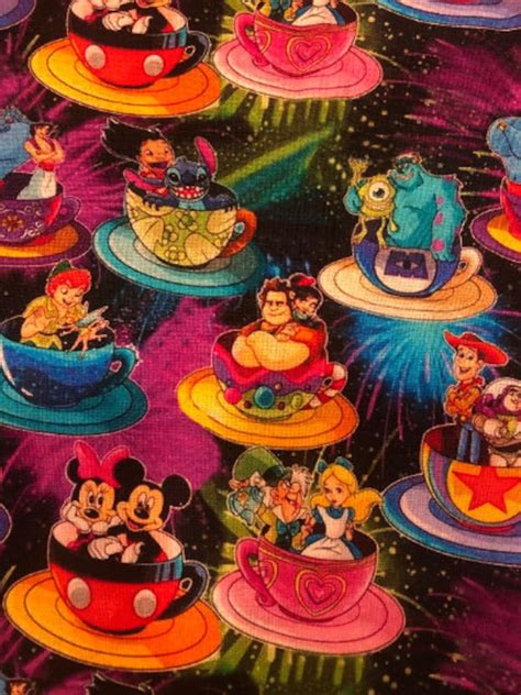 Disney Teacup Character Collage 100 Cotton Fabric By The Yard Etsy