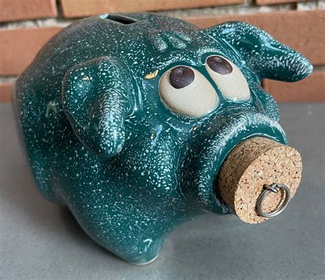 Vintage 70s Green Ceramic Stoneware Pig Pottery Piggy Bank Coin Money