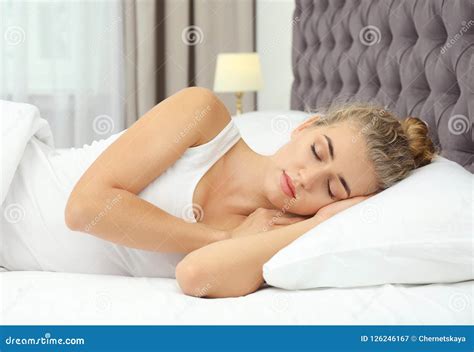Beautiful Woman Sleeping On Comfortable Pillow In Bed Stock Image Image Of Lying Beauty
