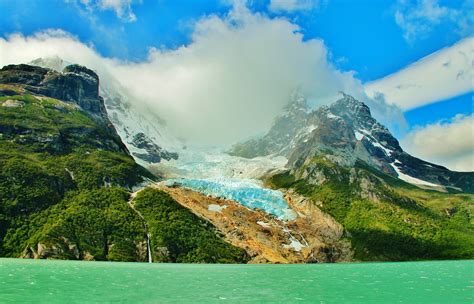 Lake Glaciers Mountain Chile Forest Cliff Snowy Peak Patagonia