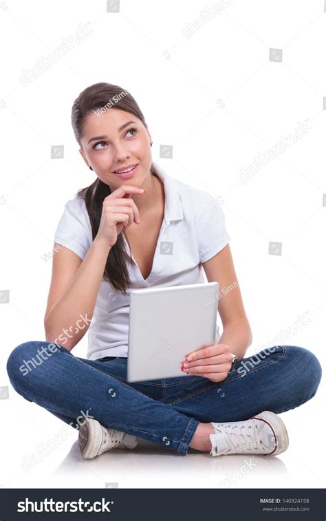 Casual Young Woman Sitting Legs Crossed Stock Photo 140324158
