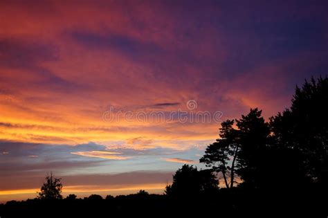 Dramatic Cloudy Sky At The Sunset Above The Forest Silhouette Stock
