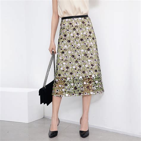 2018 Spring Summer Women Floral A Line Casual Skirt Sequin Net Yarn Mid Long Knee Length Skirt