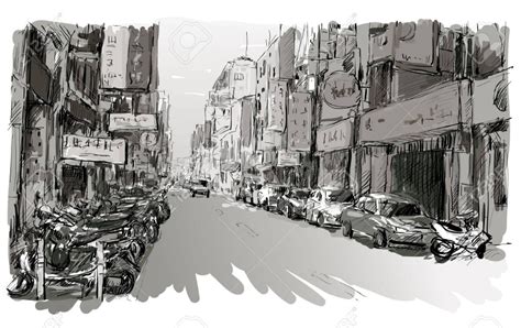 Sketch Of Cityscape In Taiwan Show Urban Street View Market In Taipei