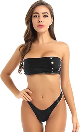 Amazon Com Iiniim Women S Pvc Leather Bandeau Bikini Set Strapless Zipper Back Piece Lingerie