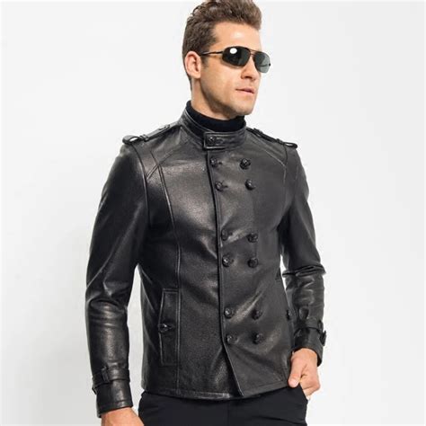 Mens Genuine Leather Jacket Military Style Double Breasted Short Style Sheepskin Coat Menfolk