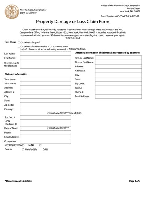 Fillable Property Damage Or Loss Claim Form New York City Printable