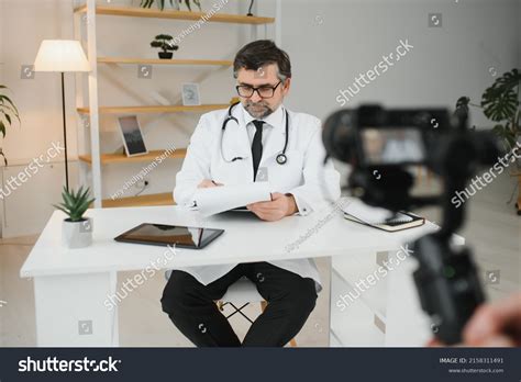 Handsome Male Doctor Recording Video Medical Stock Photo 2158311491