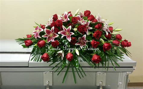 Traditional Stargazer Lily And Red Rose Casket Spray