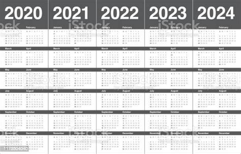 Jahr 2020 2021 2022 2023 2024 Kalender Vektordesignvorlage Stock Vektor