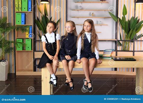 Young Female Students In School Uniforms Before The Lesson In The
