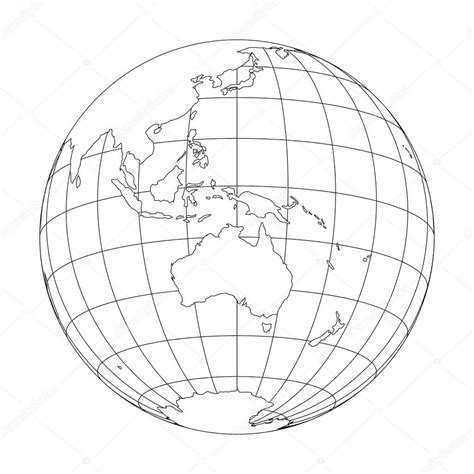 Outline Earth Globe With Map Of World Focused On Australia And Oceania
