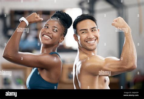 Fitness Black Woman Or Couple Of Friends Flexing Muscles For Body