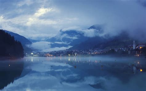 Landscape Blue Lake Nature Mist Clouds Mountain City Lights Water