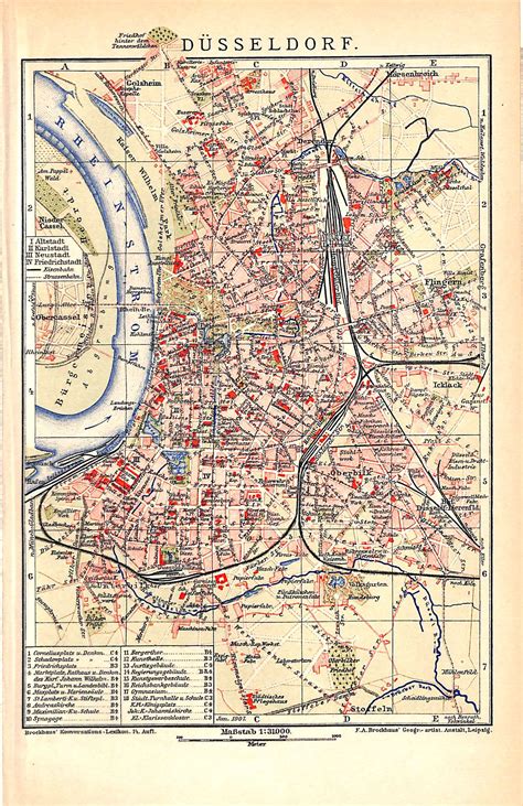 Dusseldorf Antique Map Of Dusseldorf Germany 1908 Matted 11 X 14