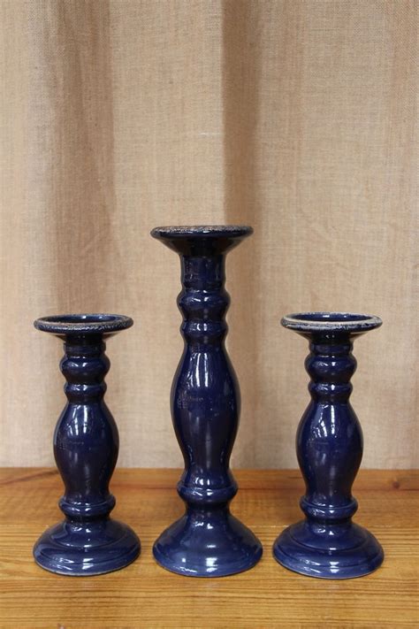 Navycobalt Blue Ceramic Pillar Candle Holders Battery Operated Only