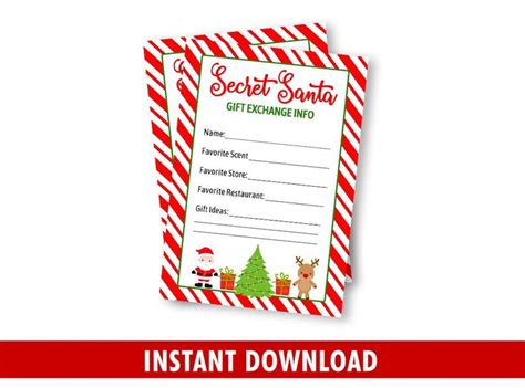 Secret Santa T Exchange Information Wish List Printable Card Santa