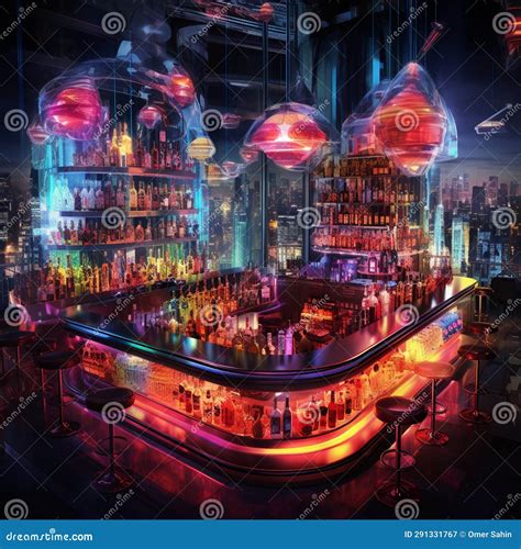 Futuristic Bar Scene In A Bustling Cityscape With An Extravagant