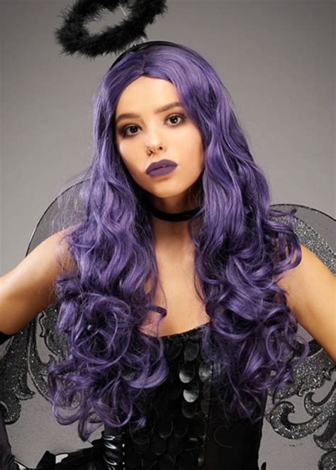 Womens Gothic Fallen Angel Long Dark Purple Wig