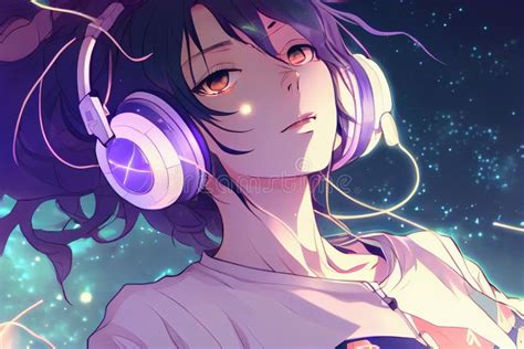 Anime Girl In Neon Headphones Generative Ai Stock Illustration Illustration Of Dusk Love