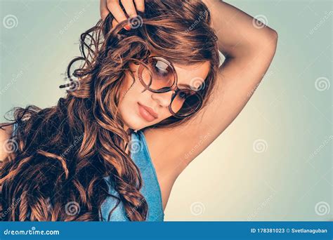 Woman With Sunglasses Posing Cute Stock Image Image Of Beauty Adult 178381023