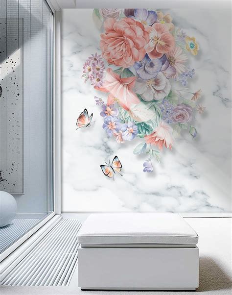 Boho Floral Bouqet With Marble Pattern Wallpaper Mural Wallpaper