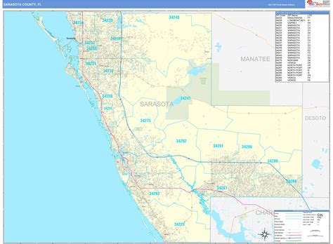 Sarasota County, FL Zip Code Wall Map Basic Style by MarketMAPS - MapSales