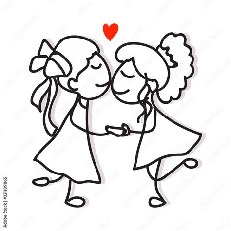 Hand Drawing Cartoon Character Love Concept Two Girls Holding Hand
