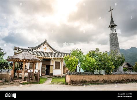Korean Style Church And Cross In Historic Hahoe Folk Village With