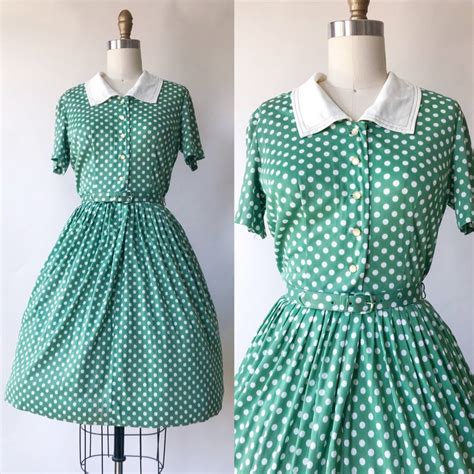 1950s Vintage Green Polka Dot Shirtwaist Dress Small 26 Etsy