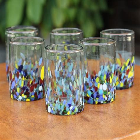 Set Of 6 Hand Blown Glasses Confetti Multicolor Tumblers Mexico