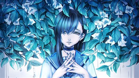 Download Wallpaper 1366x768 Girl Anime Sadness Leaves Art Tablet