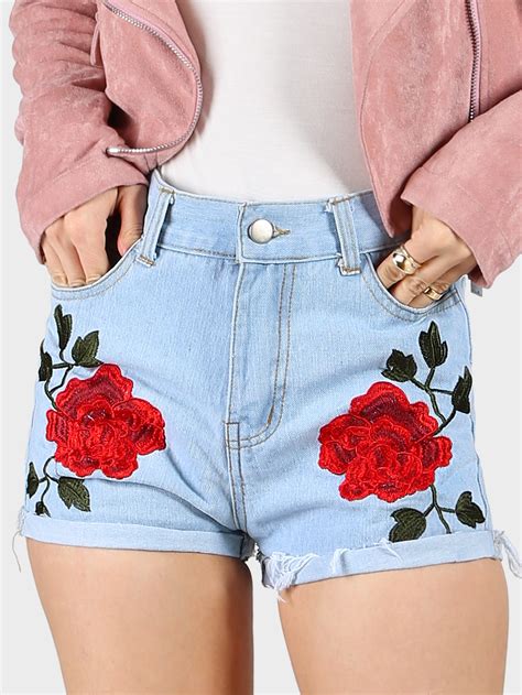 rose embroidered denim high waist shorts denim shein sheinside