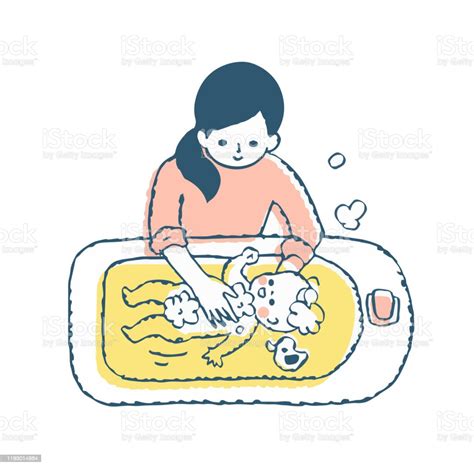 Mother Washing Baby In Baby Bathtub Stock Illustration Download Image