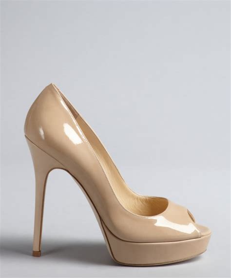 Lyst Jimmy Choo Nude Patent Leather Crown Peep Toe Pumps In Natural