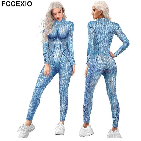 Fccexio Role Play Mermaid Sequins Pattern 3d Print Sexy Bodysuits Women Long Sleeve Cosplay New