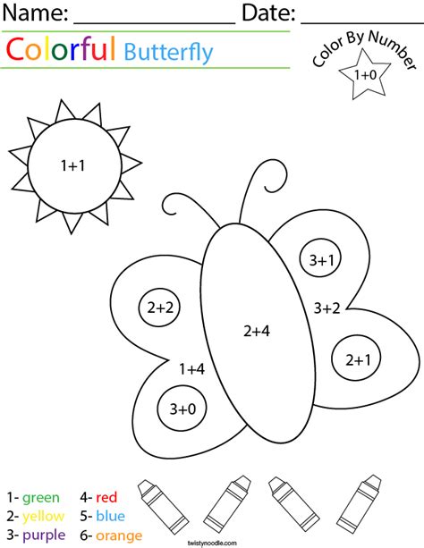 Addition Color By Number Butterfly Math Worksheet Twisty Noodle