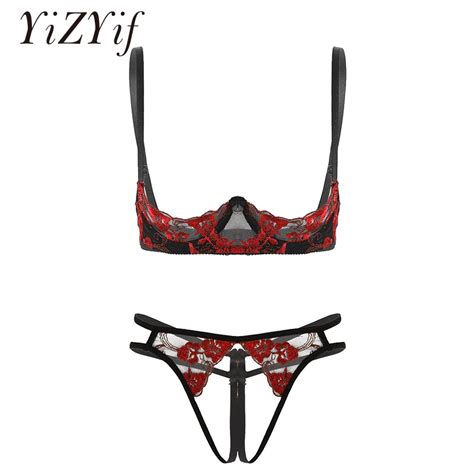 Womens Open Half Cups Bra G String Set Bare Exposed Breasts Erotic Embroidery Lace Lingerie Sexy