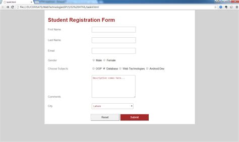 Student Registration Form In Html And Css Using Tables