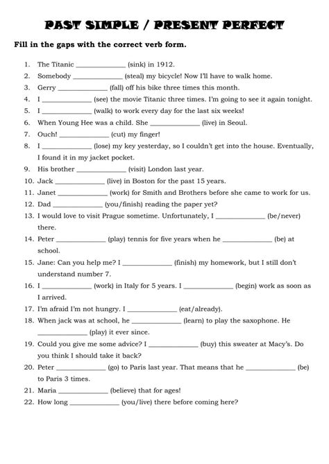 The Past Simple Present Perfect Worksheet Is Shown In Black And White
