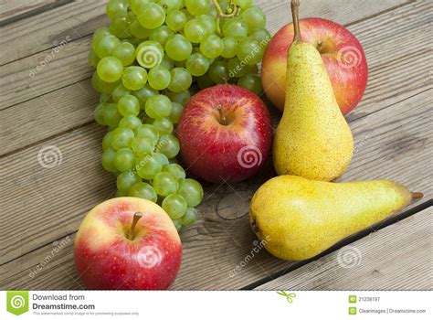 Apples Grapes And Pears Wooden Table Stock Image Image Of Wallnut