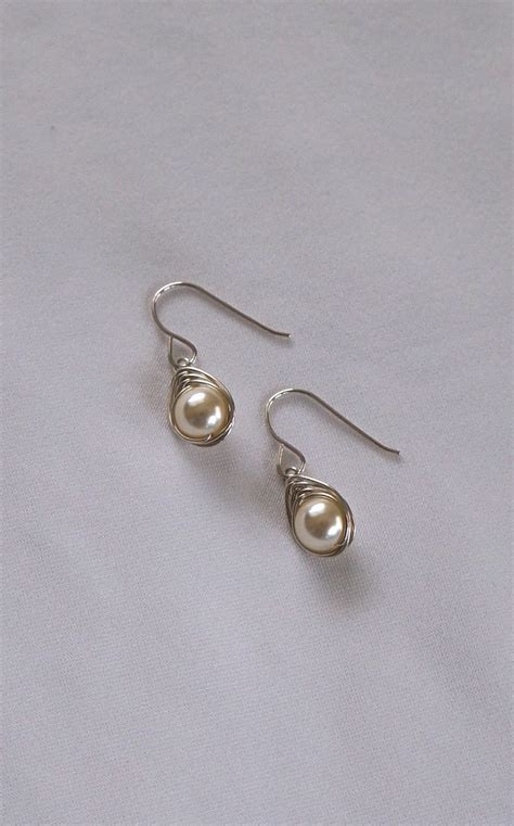White Pearl Earrings Herringbone Wire Wrapped Etsy Silver Earrings