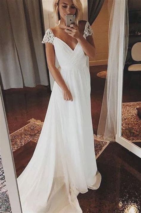 Simple A Line Chiffon Wedding Dresses Cap Sleeve V Neck Bohemian Beach
