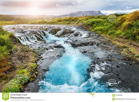 Beautiful Bruarfoss Waterfall With Turquoise Water In Iceland Stock