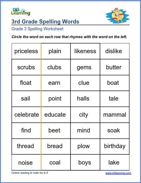 Spelling Words For A 3rd Grader
