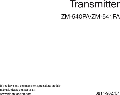 Nihon Kohden Zm 541pa Medical Telemetry Transmitter User Manual Om Zm