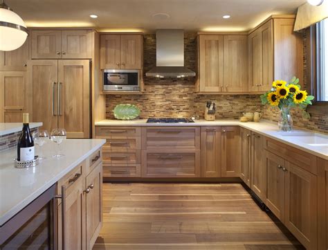 White Oak Kitchen With Wooden Tile Backsplash Wooden Kitchen Cabinets