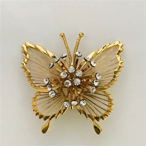 Gold Brooch Pin Vintage Butterfly With Crystals Ornate Sweater Pin Gold