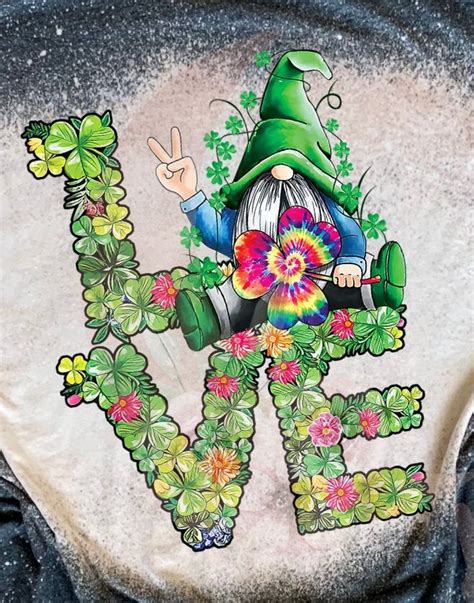 St Patricks Day Hippie Love Gnome Bleached T Shirt St Etsy